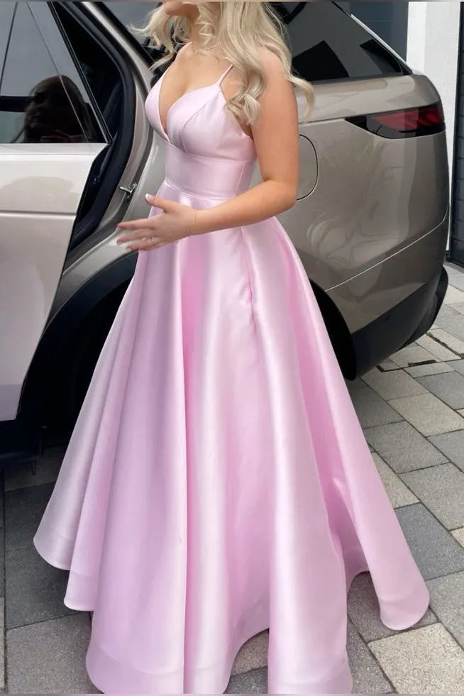 Elegant Pink A-line Sweetheart Neck Spaghetti Strap High Waist Lace Up Floor-Length Prom Dress