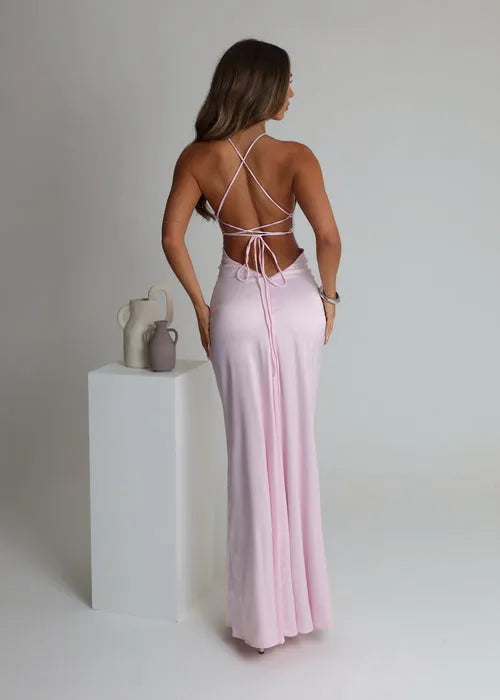 Elegant Pink Satin Mermaid Halter Neck Sleeveless Crisscross Back Lace-Up Floor-Length Prom Dresses Hot Sale