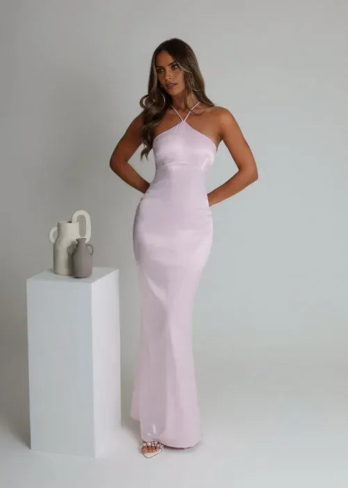 Elegant Pink Satin Mermaid Halter Neck Sleeveless Crisscross Back Lace-Up Floor-Length Prom Dresses Hot Sale