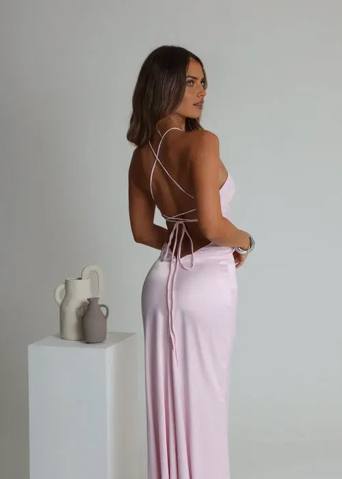Elegant Pink Satin Mermaid Halter Neck Sleeveless Crisscross Back Lace-Up Floor-Length Prom Dresses Hot Sale