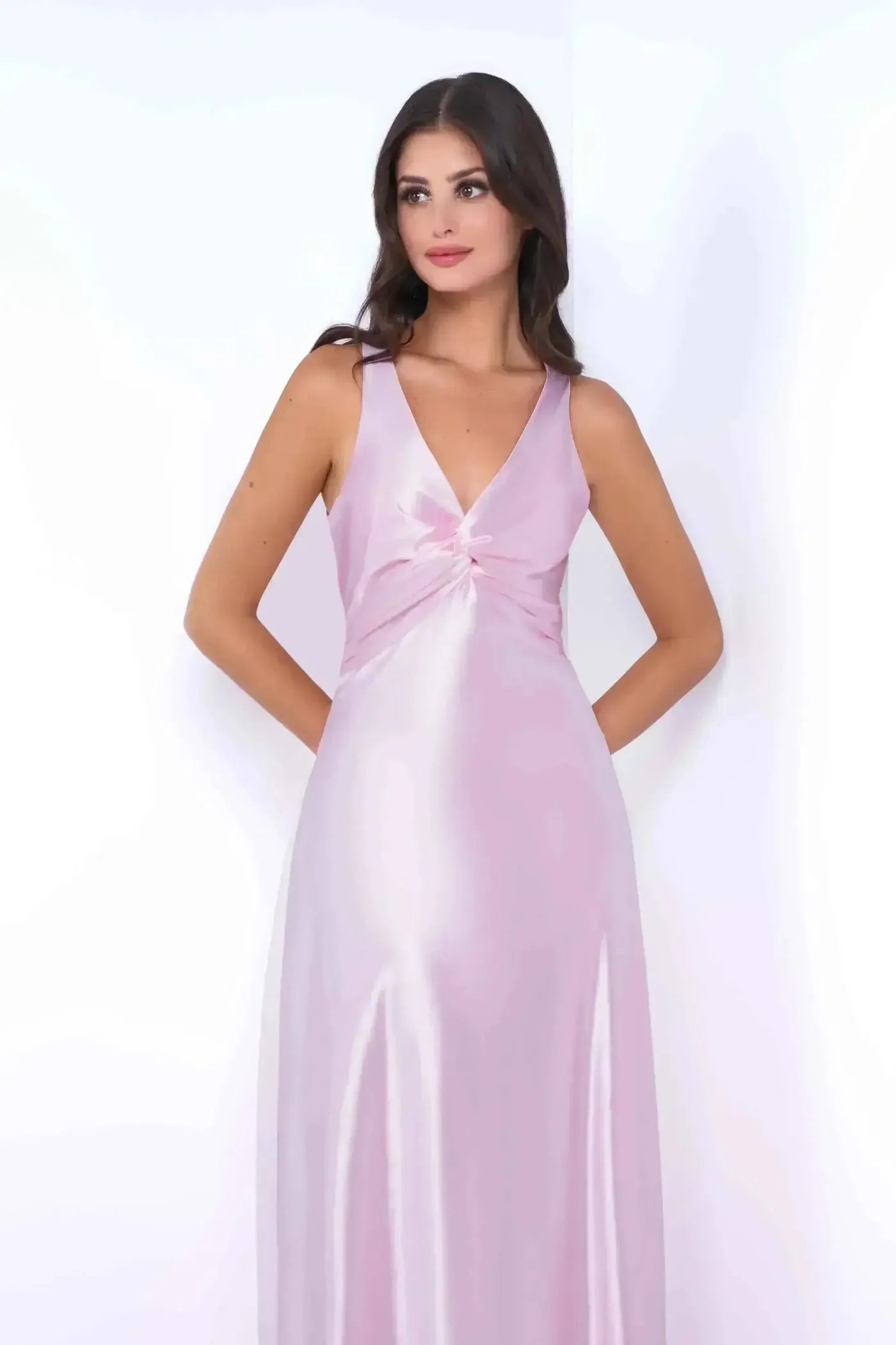 Elegant Pink Sheath Deep V Neck Halter Sleeveless Back Floor-Length Prom Dresses