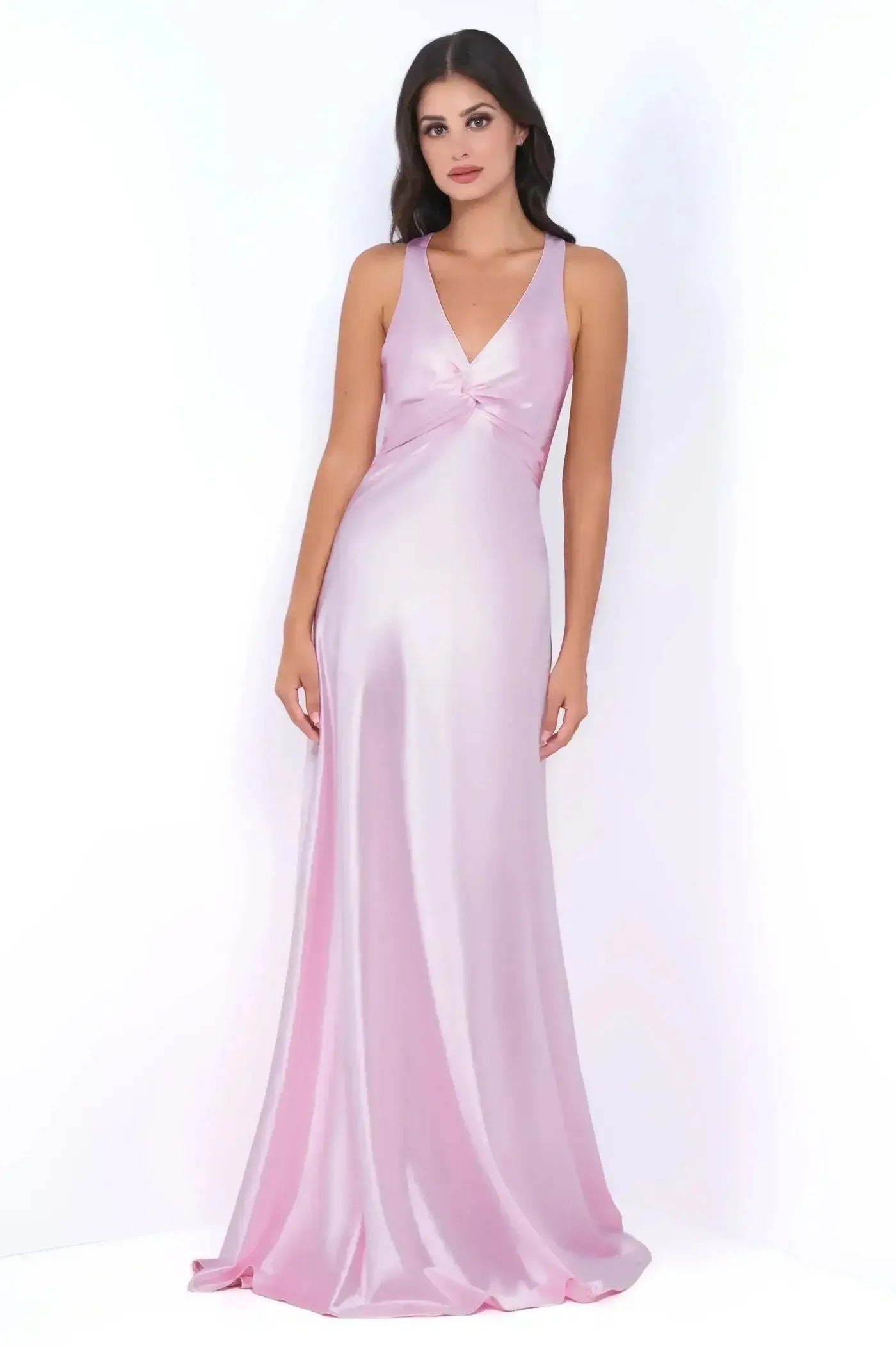 Elegant Pink Sheath Deep V Neck Halter Sleeveless Back Floor-Length Prom Dresses