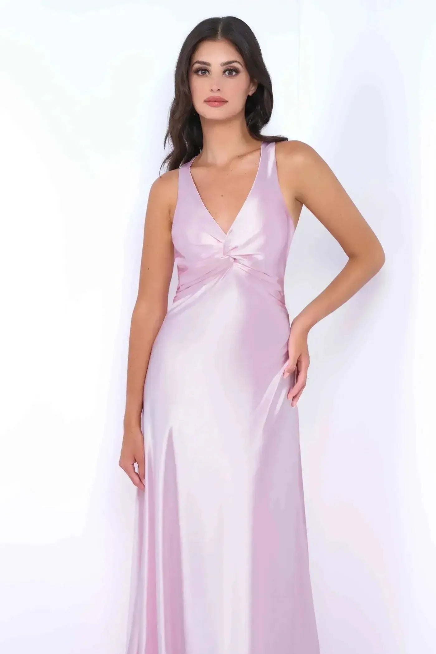 Elegant Pink Sheath Deep V Neck Halter Sleeveless Back Floor-Length Prom Dresses