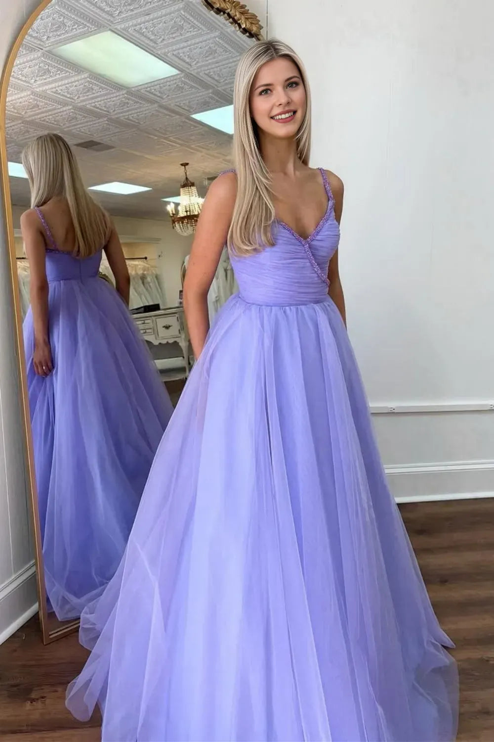 Elegant Purple A-Line Deep V-Neck Sleeveless Beading Strap Tulle Back Zip Floor-Length Prom Dress