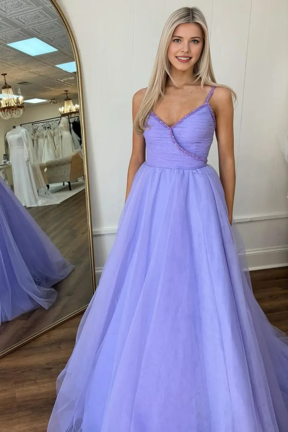 Elegant Purple A-Line Deep V-Neck Sleeveless Beading Strap Tulle Back Zip Floor-Length Prom Dress
