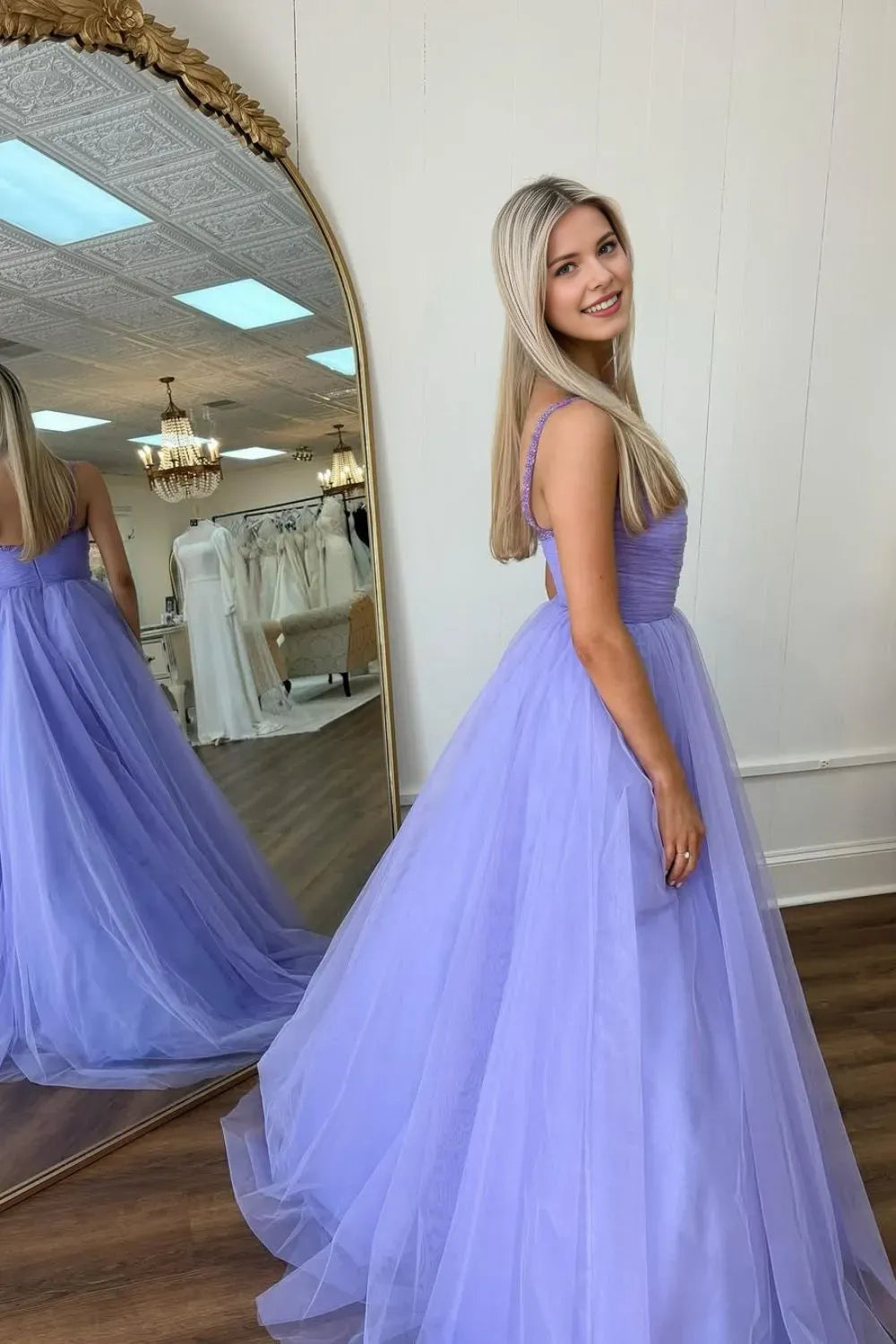 Elegant Purple A-Line Deep V-Neck Sleeveless Beading Strap Tulle Back Zip Floor-Length Prom Dress
