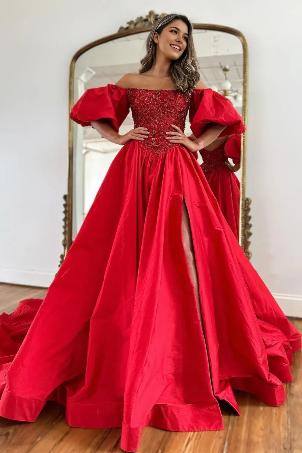 Elegant Red A-Line Off The Shoulder Sleeveless Lace Back Zip Slit Sweep/Brush Train Prom Dress With Split
