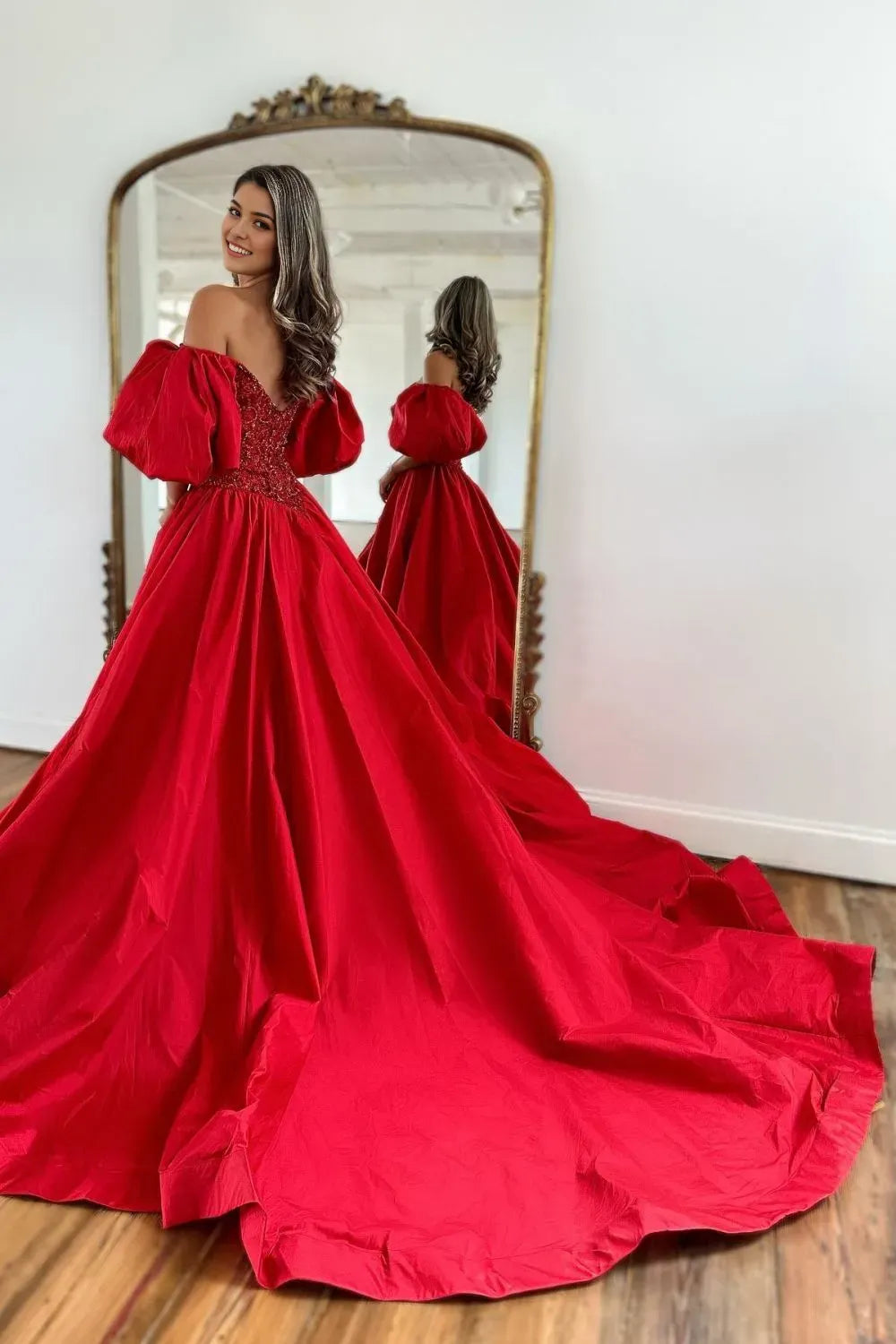 Elegant Red A-Line Off The Shoulder Sleeveless Lace Back Zip Slit Sweep/Brush Train Prom Dress With Split