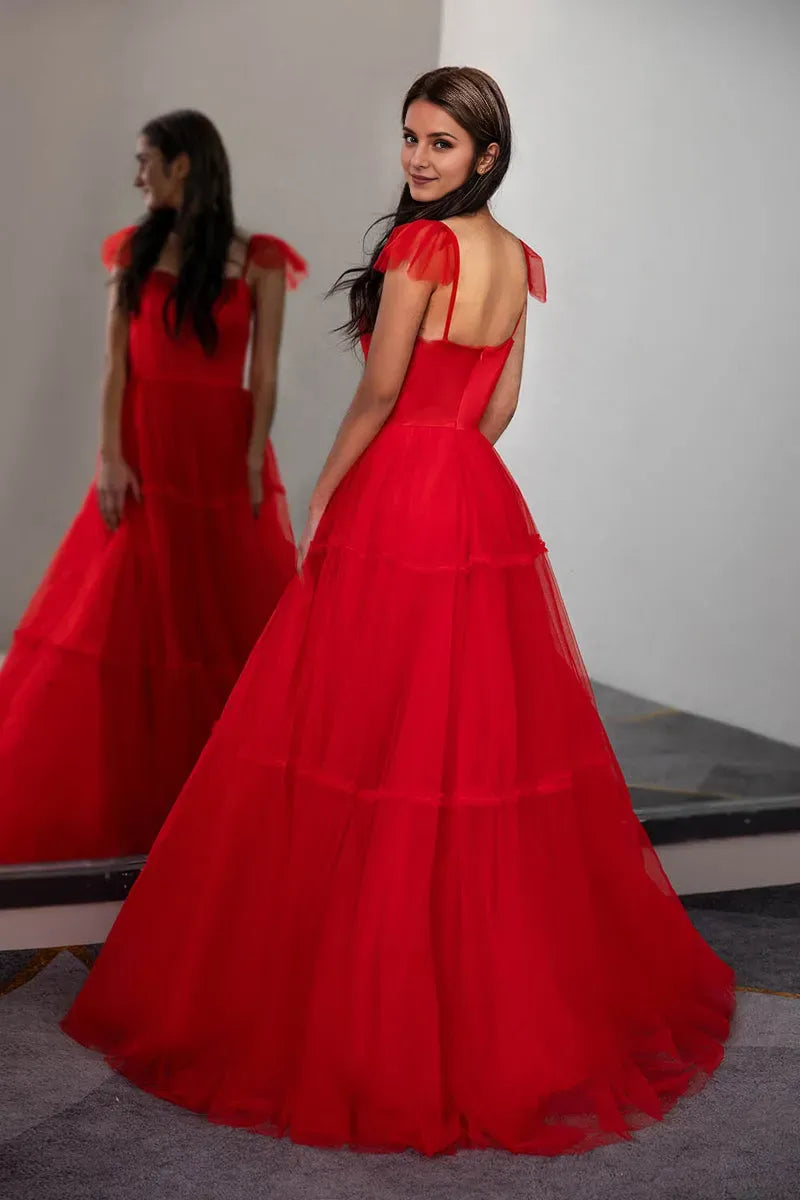 Elegant Red A-Line Sweetheart Neckline Cap-Sleeve Tiered Tulle Back Zip Floor-Length Prom Dress with Bow Ties on Straps