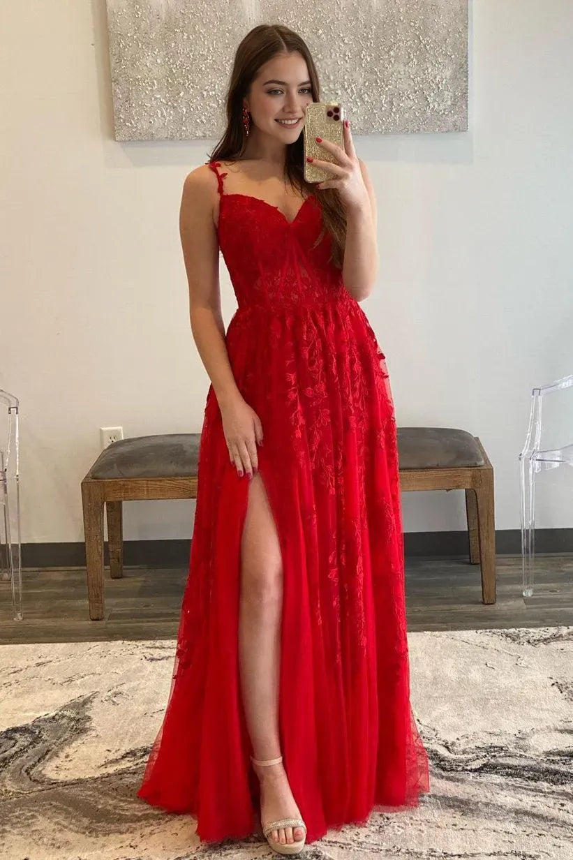 Elegant Red A-Line Sweetheart Spaghetti Strap Appliqued Tulle Back Zip High-Slit Floor-Length Prom Dress with Sheer Lace Bodice