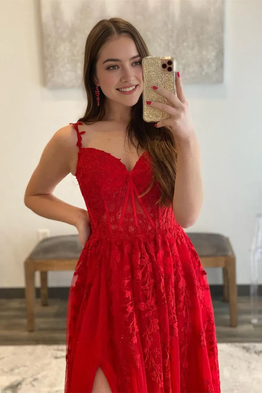 Elegant Red A-Line Sweetheart Spaghetti Strap Appliqued Tulle Back Zip High-Slit Floor-Length Prom Dress with Sheer Lace Bodice