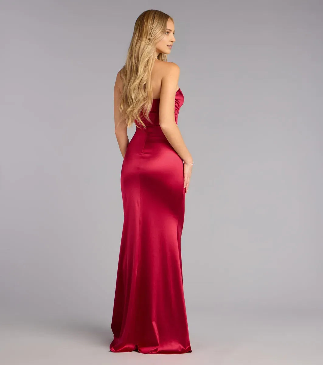 Elegant Red Mermaid Strapless Sleeveless Ruched Satin Back zipper Floor-Length Prom Dresses