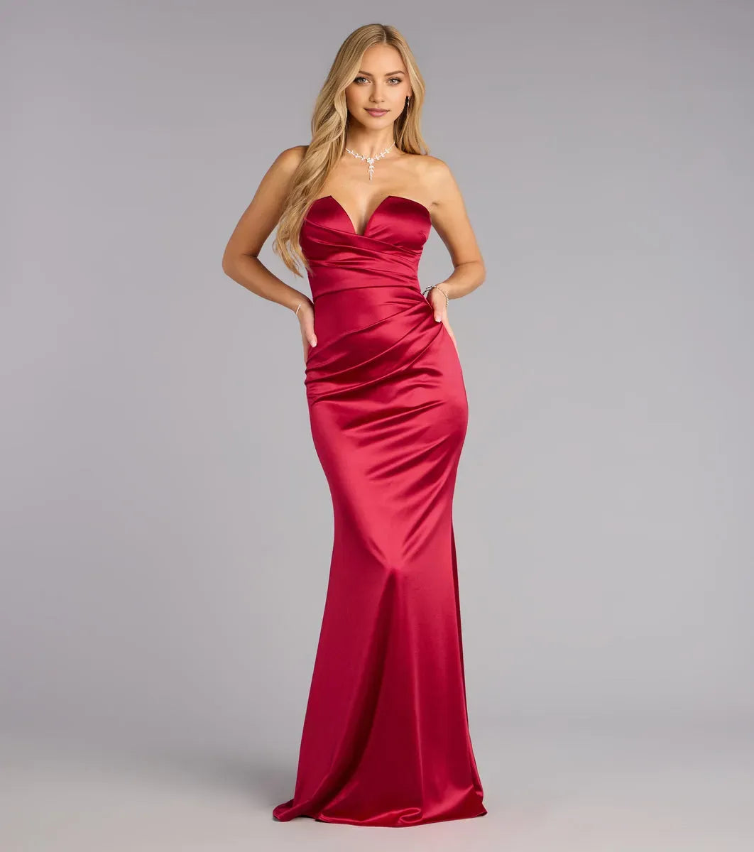 Elegant Red Mermaid Strapless Sleeveless Ruched Satin Back zipper Floor-Length Prom Dresses