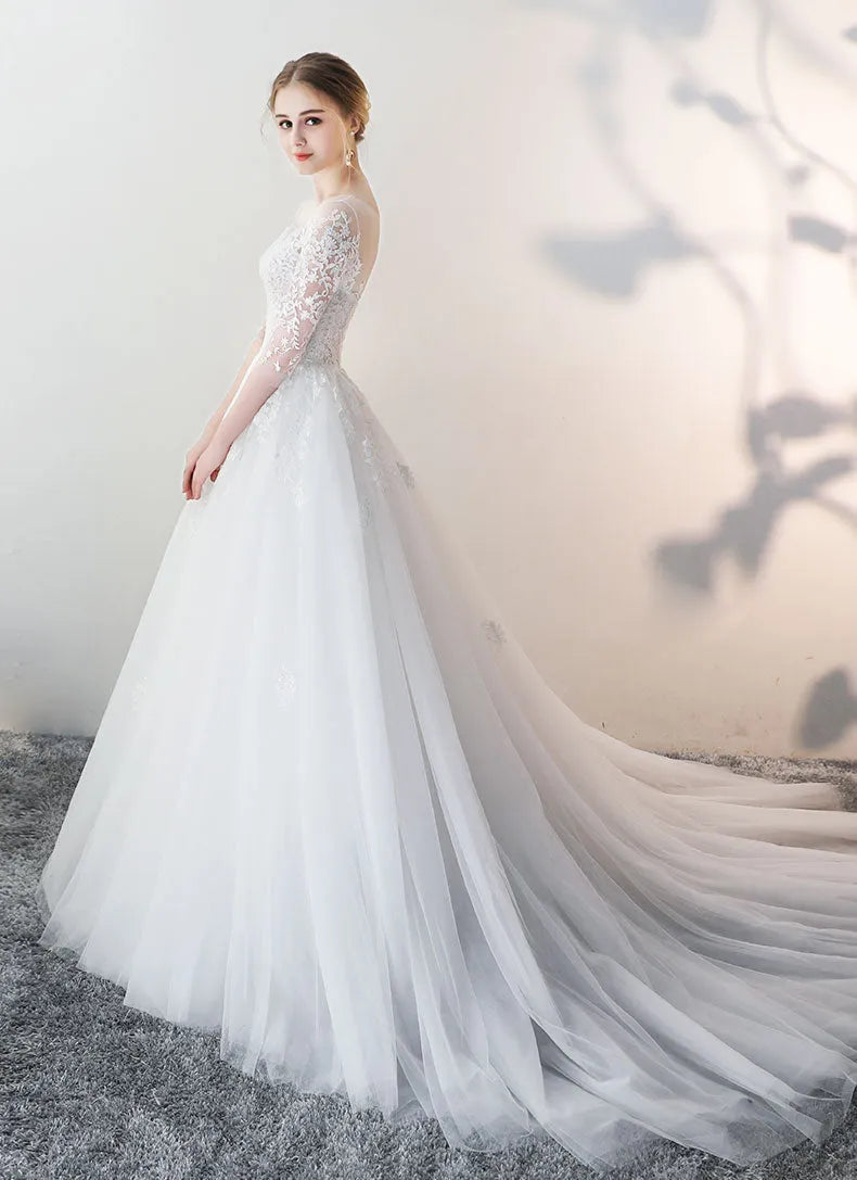 Elegant Round Neck Tulle Lace Half Sleeve Lace-Up Sweep/Brush Train Wedding Dress for sale