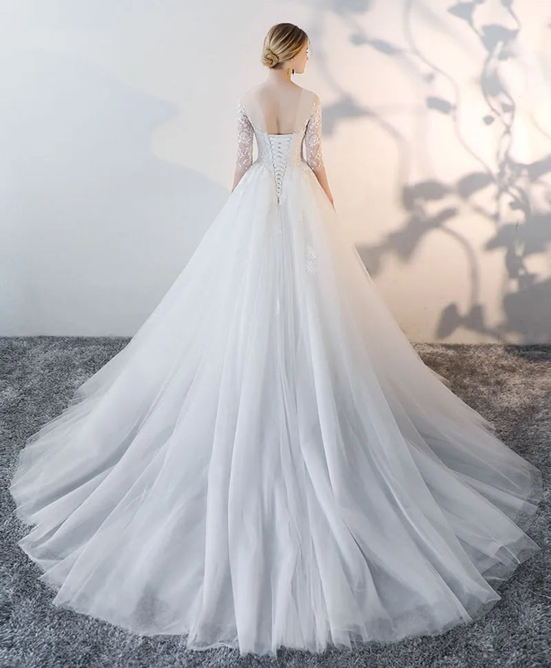 Elegant Round Neck Tulle Lace Half Sleeve Lace-Up Sweep/Brush Train Wedding Dress for sale