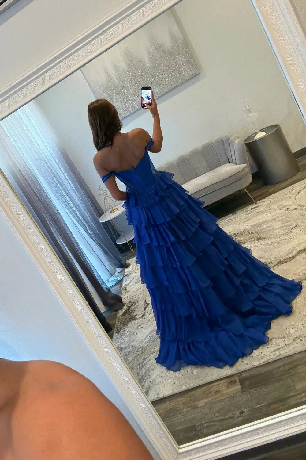 Elegant Royal Blue A -Line Off the Shoulder Sleeveless Beaded Layered Tiered Ruffle High-Slit Floor-Length Prom Dresses ﻿