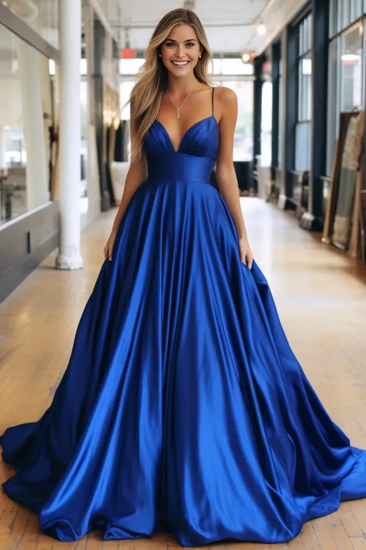 Elegant Royal Blue A-Line V-Neck Spaghetti Strap Lace Up Floor-Length Prom Party Dress female guests for sale