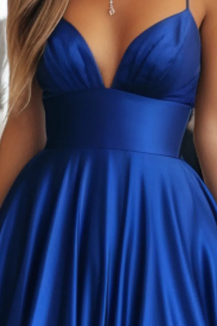 Elegant Royal Blue A-Line V-Neck Spaghetti Strap Lace Up Floor-Length Prom Party Dress female guests for sale