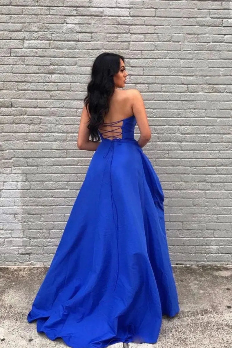 Elegant Royal Blue A Line Sweetheart Neck Sleeveless Lace-Up Back Ruched High Side Slit Floor-Length Prom Dresses