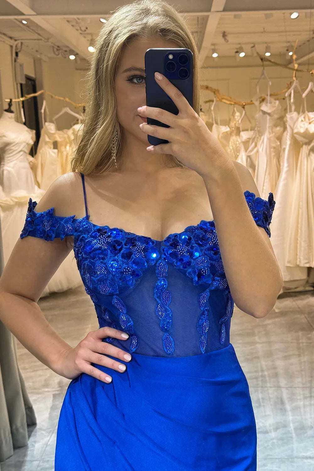Elegant Royal Blue Mermaid Off The Shoulder Sleeveless Back Zip Floor-Length Sequin Satin Prom Dress With Slit