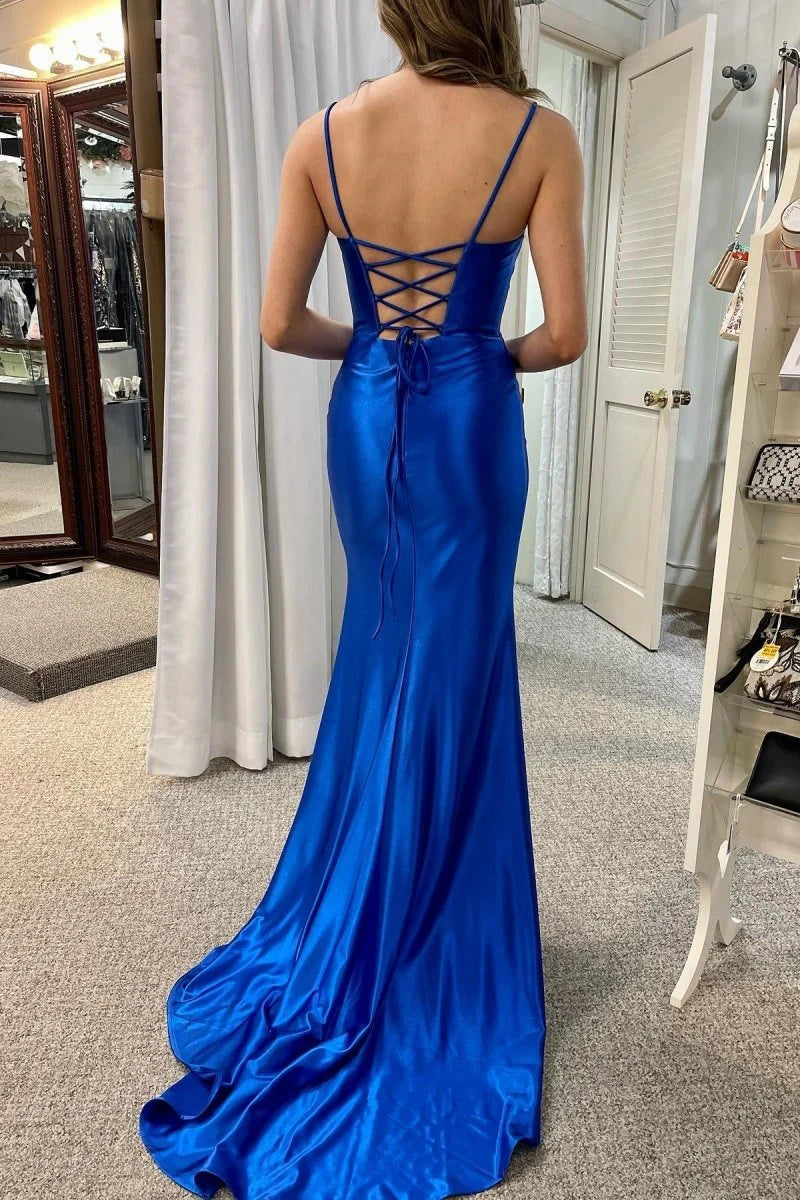 Elegant Royal Blue Mermaid Scoop Neck Spaghetti Strap Pleated Lace-Up Back High-Slit Prom Dresses