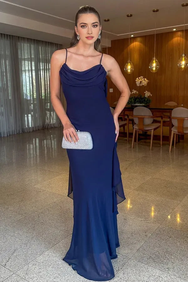 Elegant Royal Blue Sheath Cowl Neck Sleeveless Ruffles Draped Open Back Floor-Length Prom Dress Hot Sale