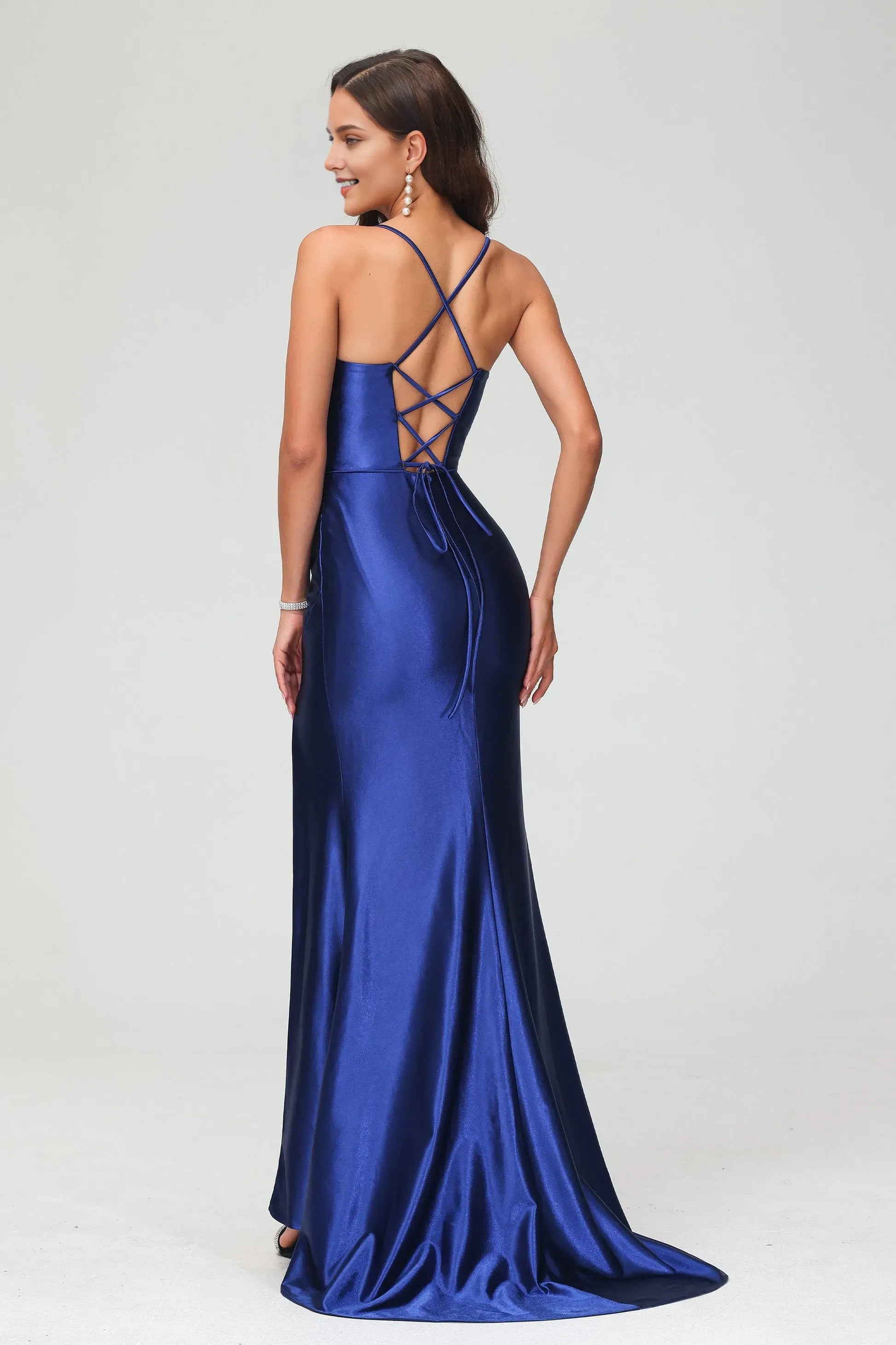 Elegant Royal Blue Sheath Sweetheart Neck Spaghetti Straps Lace-Up-Back Pleated Slit Floor-Length Prom Dresses