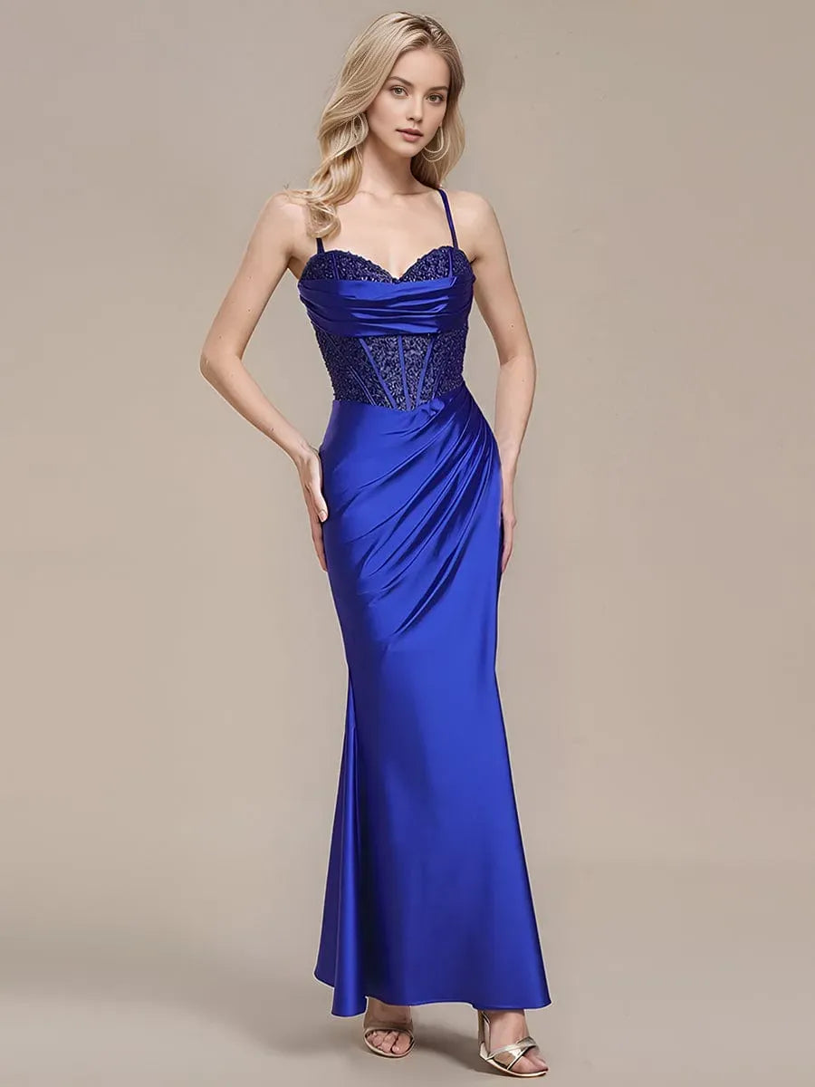 Elegant Sapphire Blue Mermaid Plunge Neck Sleeveless Beading Crisscross Back Floor-length Satin Prom Dresses