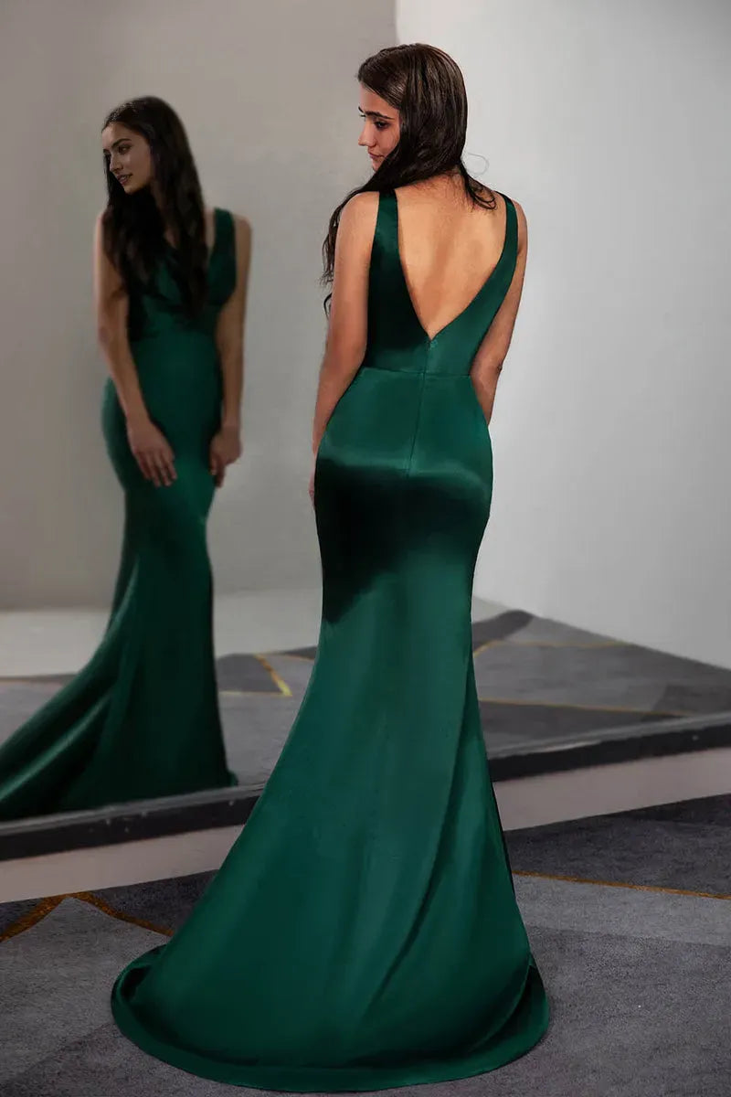 Elegant Satin Dark Green Mermaid  V-Neck Sleeveless Open-Back Back Zip Floor-Length Prom Dress Hot Sale