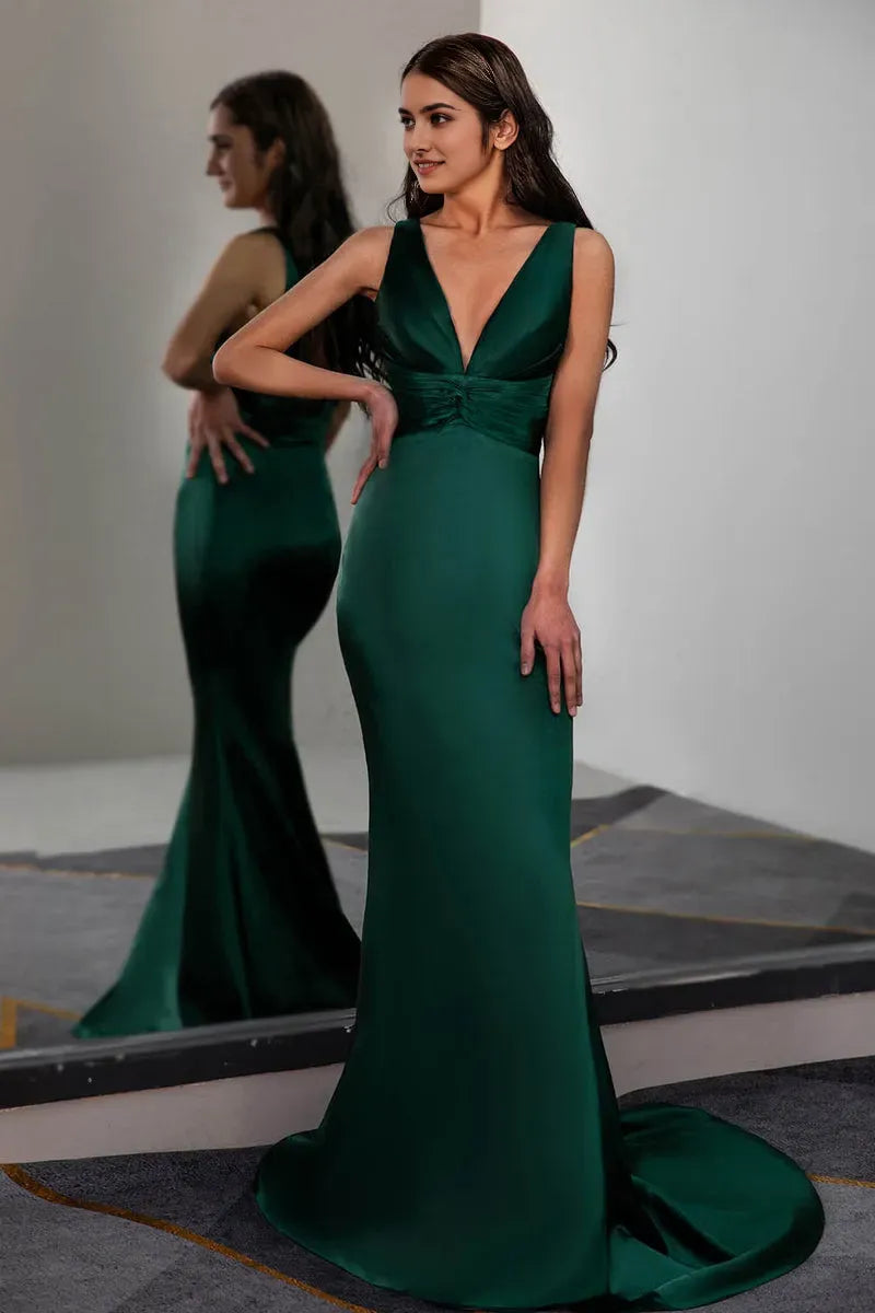 Elegant Satin Dark Green Mermaid  V-Neck Sleeveless Open-Back Back Zip Floor-Length Prom Dress Hot Sale