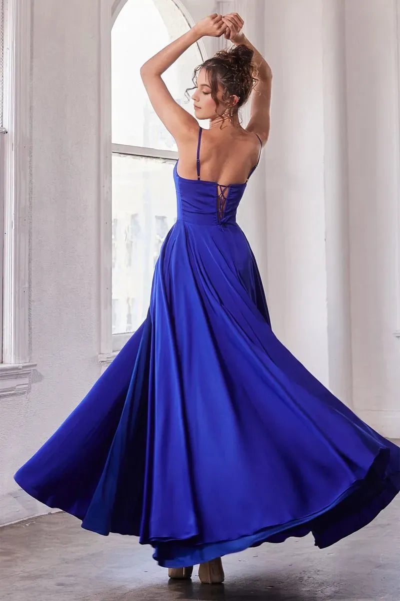 Elegant Satin Royal A-Line Square-Neck Sleeveless Lace-Up-Back High-Slit Floor-Length Prom Dress