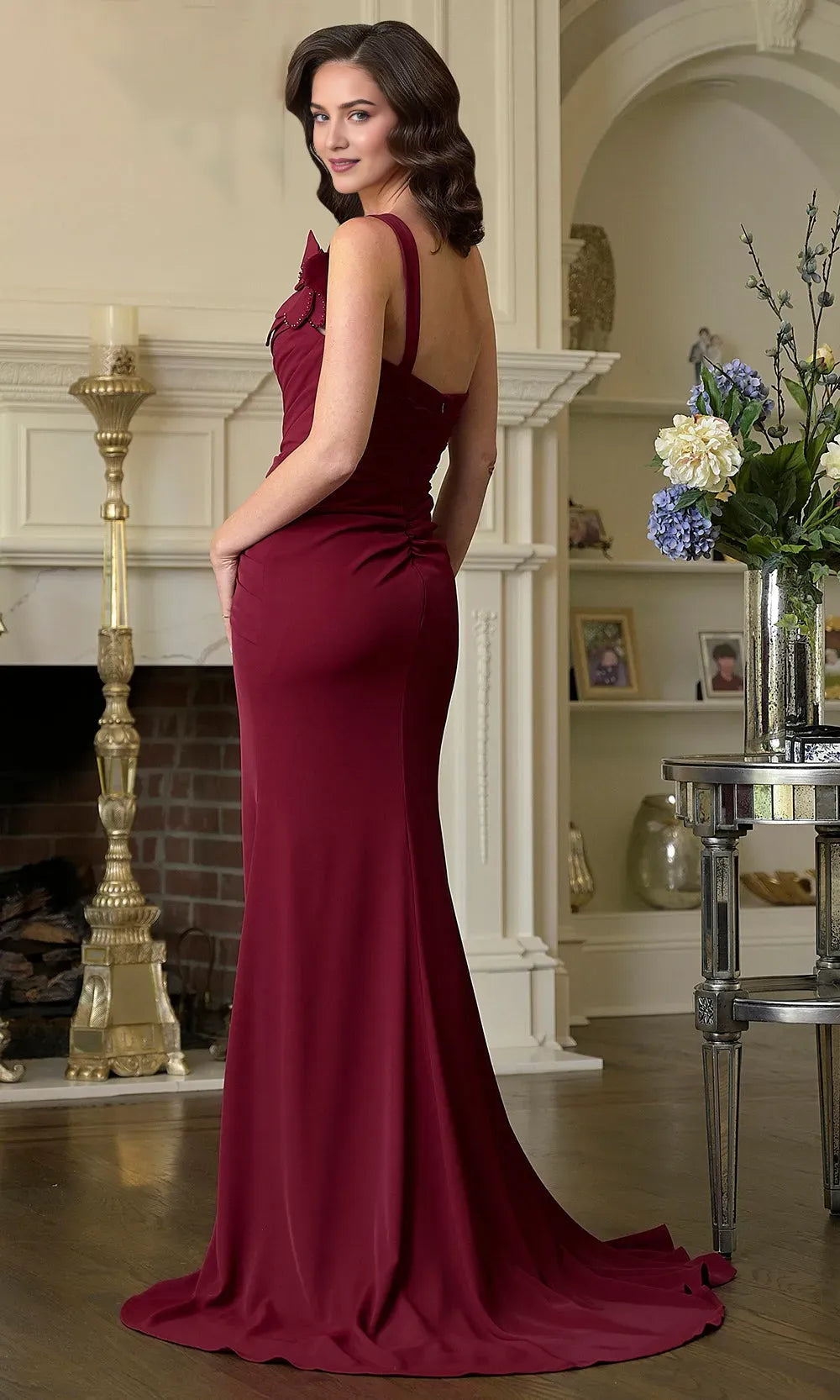 Elegant Sheath Asymmetric Neck One Shoulder Strap Floral-Embellished Back Zip Floor-Length Mother of the Bride Dress