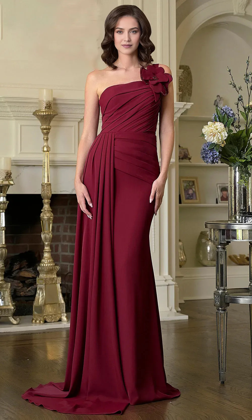 Elegant Sheath Asymmetric Neck One Shoulder Strap Floral-Embellished Back Zip Floor-Length Mother of the Bride Dress