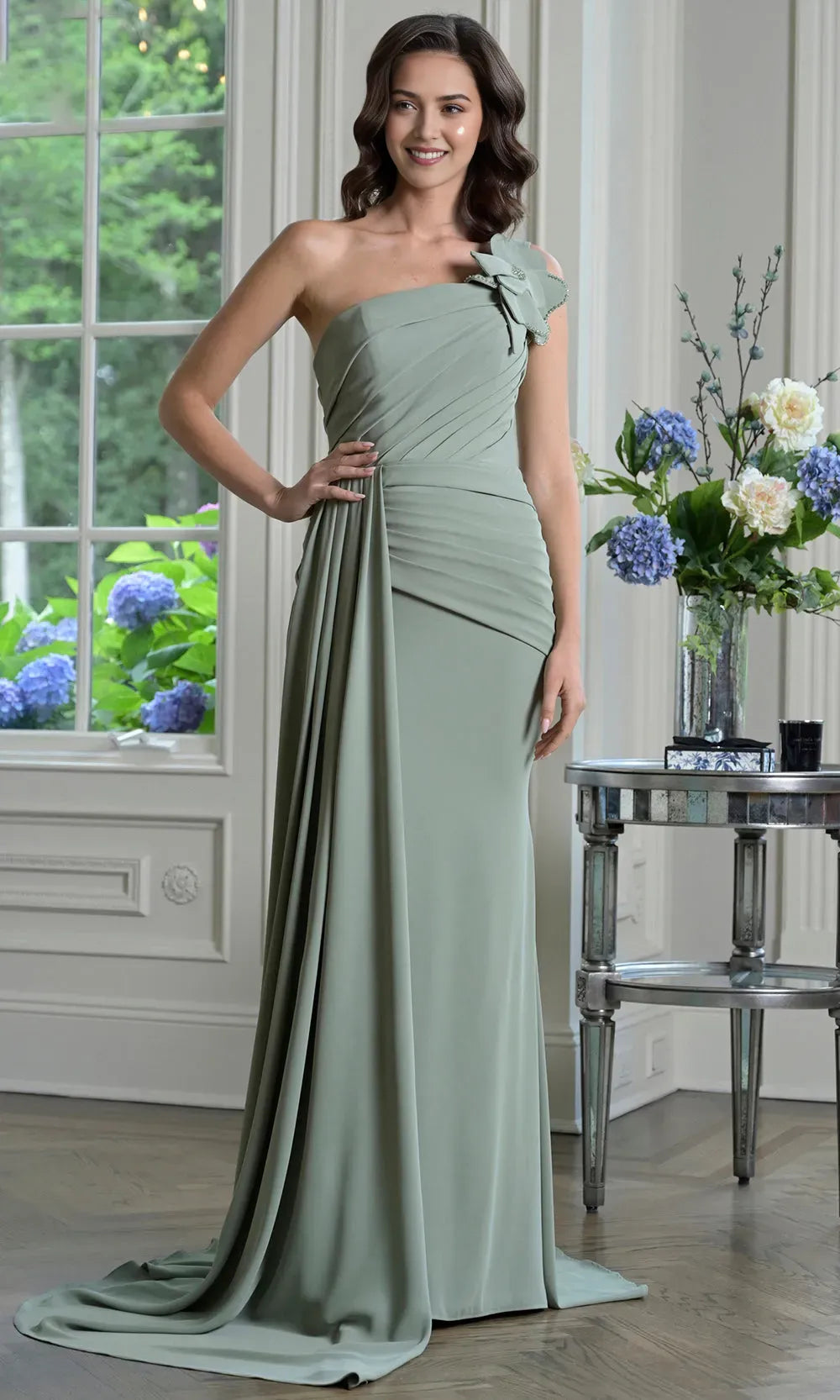 Elegant Sheath Asymmetric Neck One Shoulder Strap Floral-Embellished Back Zip Floor-Length Mother of the Bride Dress