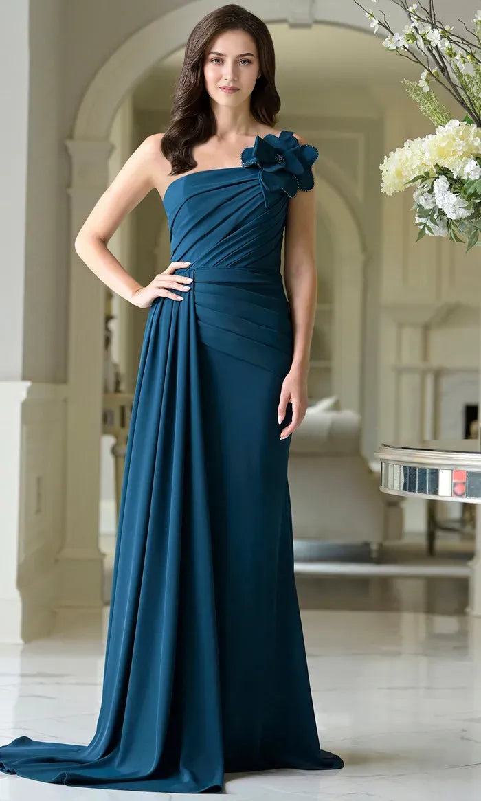 Elegant Sheath Asymmetric Neck One Shoulder Strap Floral-Embellished Back Zip Floor-Length Mother of the Bride Dress