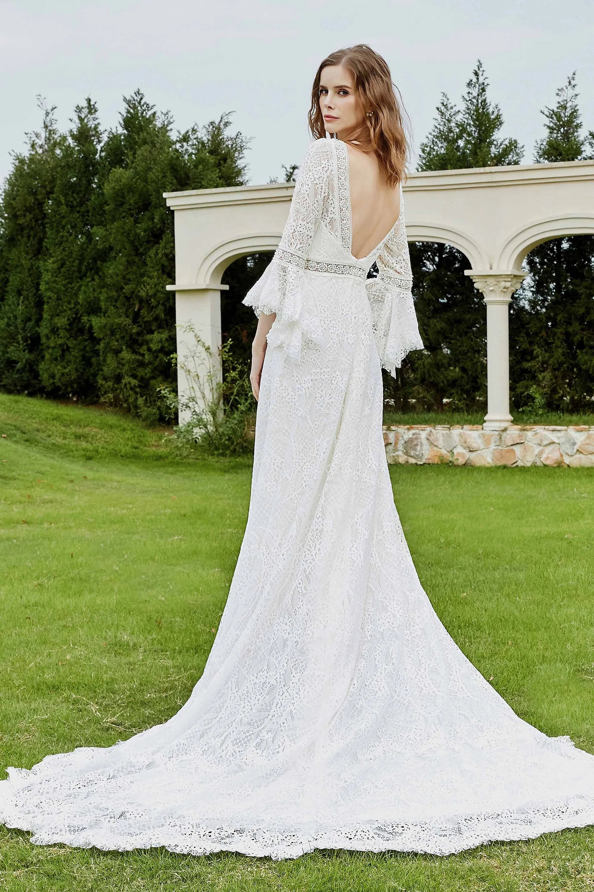 Elegant Sheath Boat Neck Bell Sleeve Keyhole Back Long Wedding Dresses