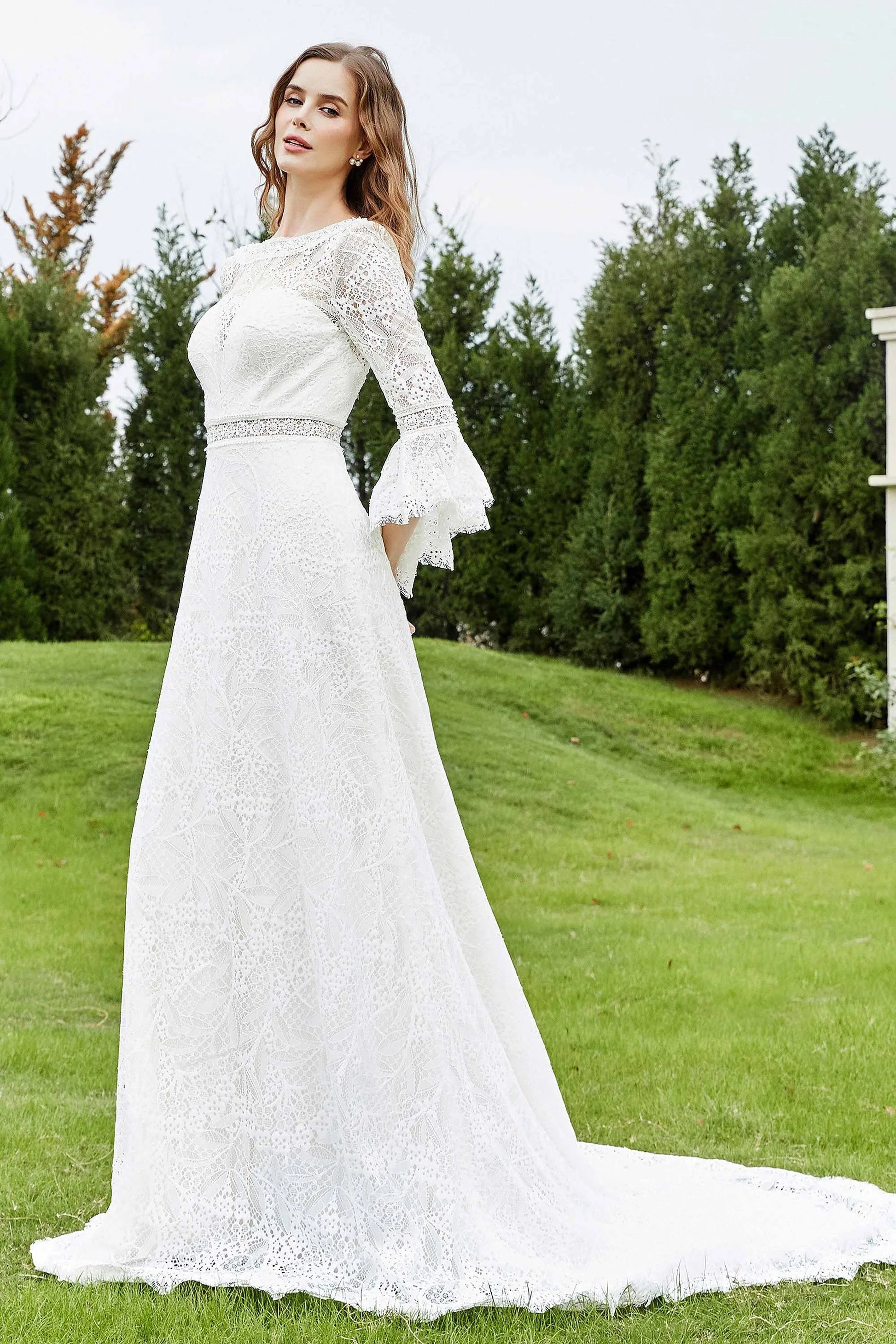 Elegant Sheath Boat Neck Bell Sleeve Keyhole Back Long Wedding Dresses