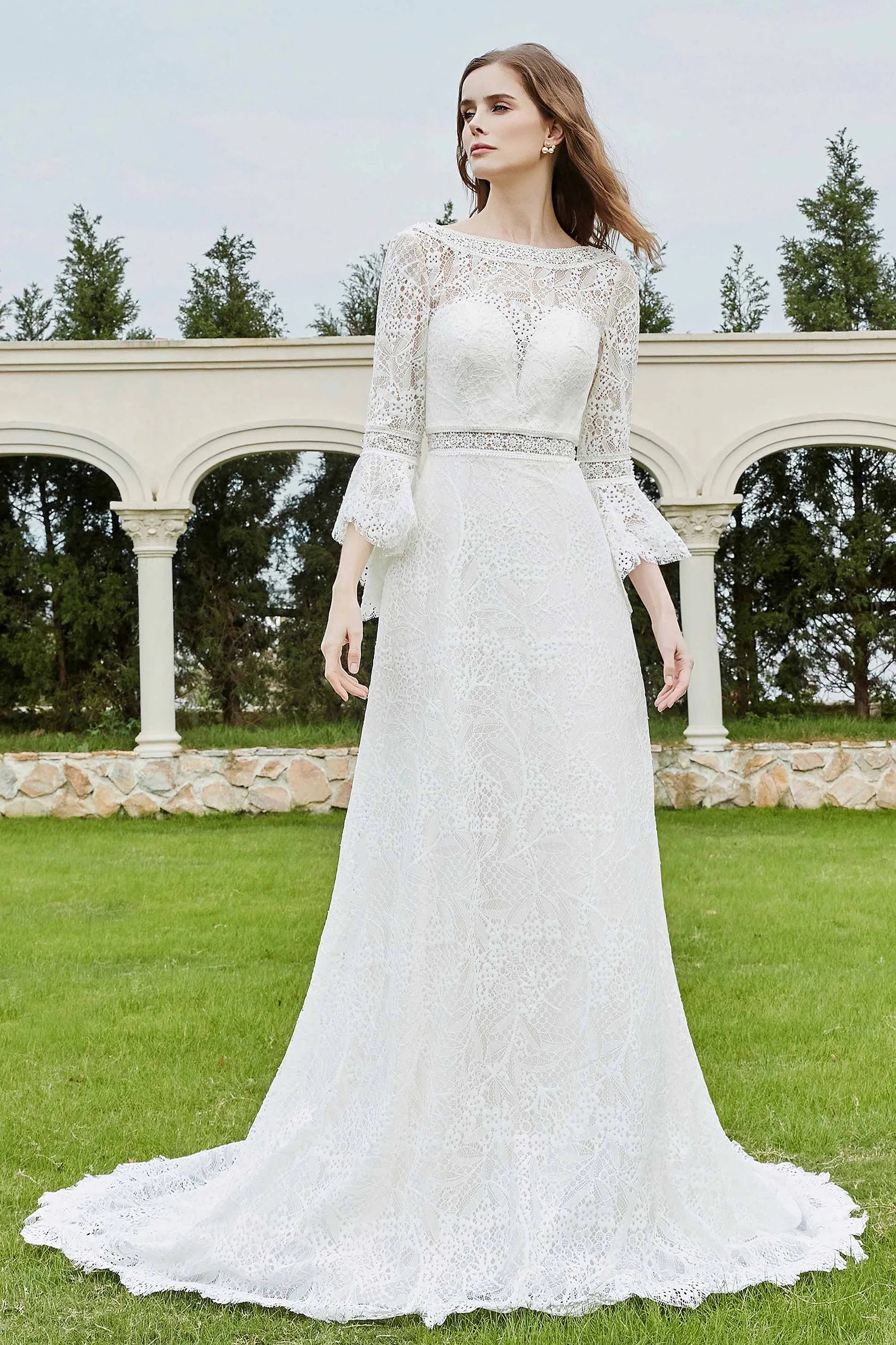Elegant Sheath Boat Neck Bell Sleeve Keyhole Back Long Wedding Dresses