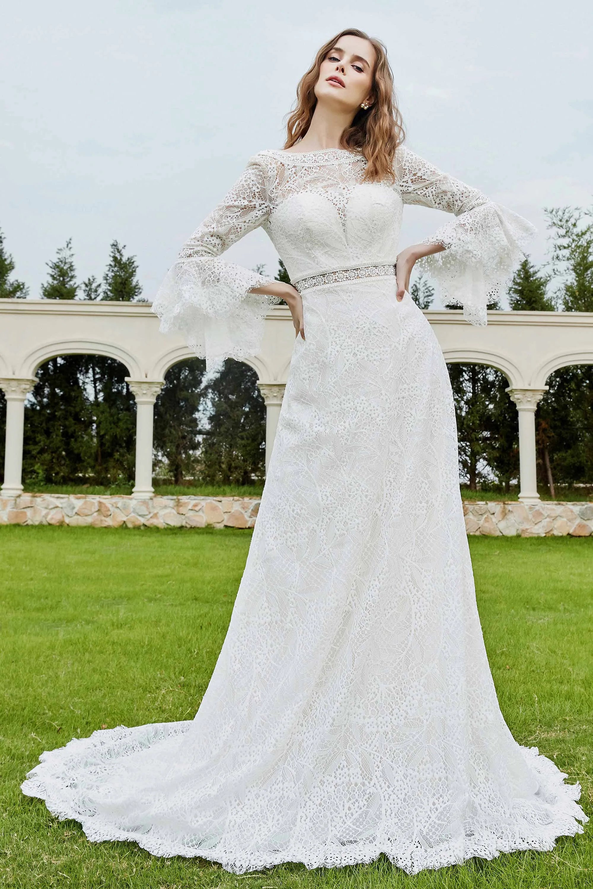 Elegant Sheath Boat Neck Bell Sleeve Keyhole Back Long Wedding Dresses