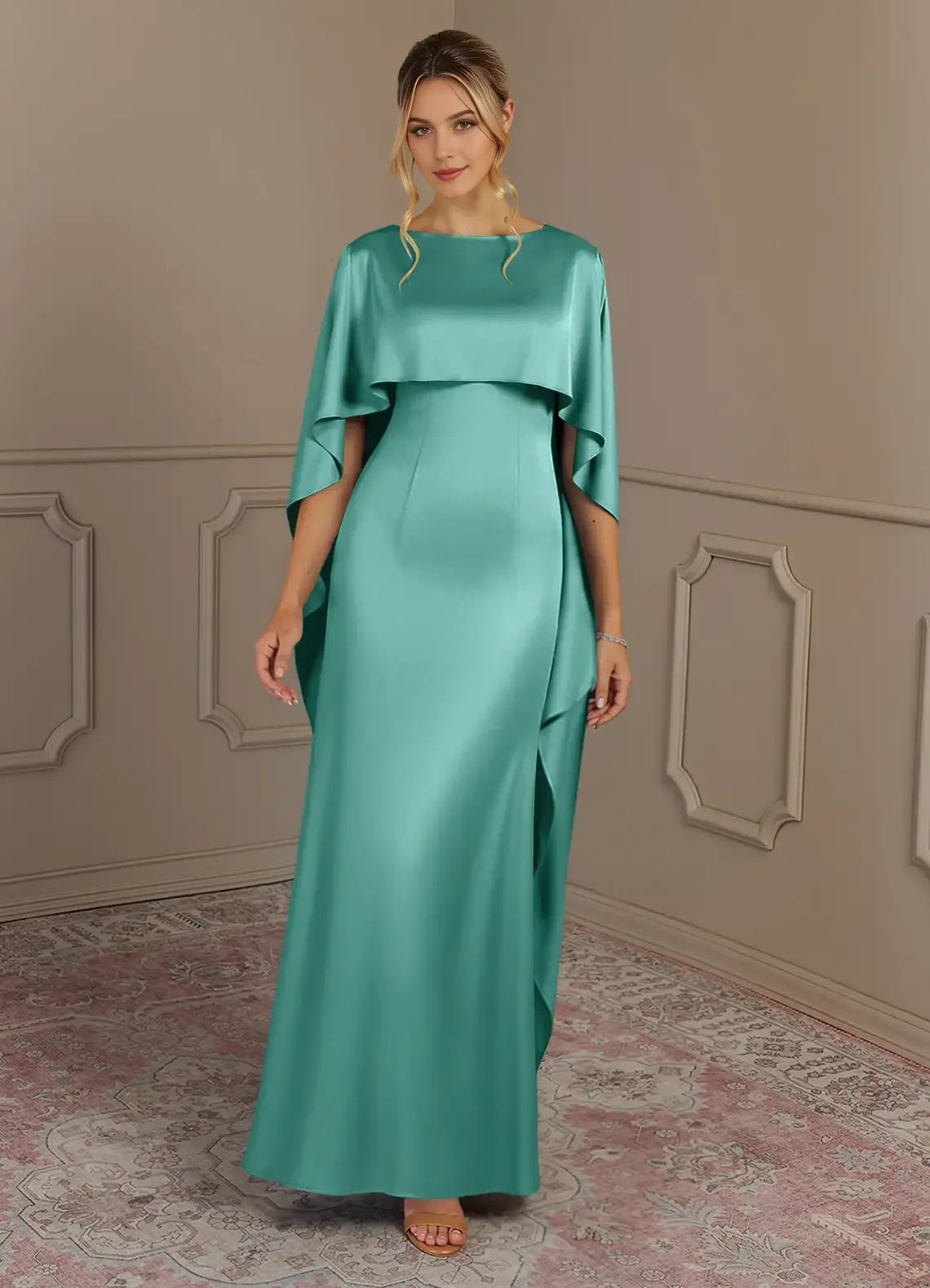 Elegant Sheath Boat Neck Cape-Sleeve Ruffles Back Zip Floor-Length Mother of the Bride Dress Hot Sale