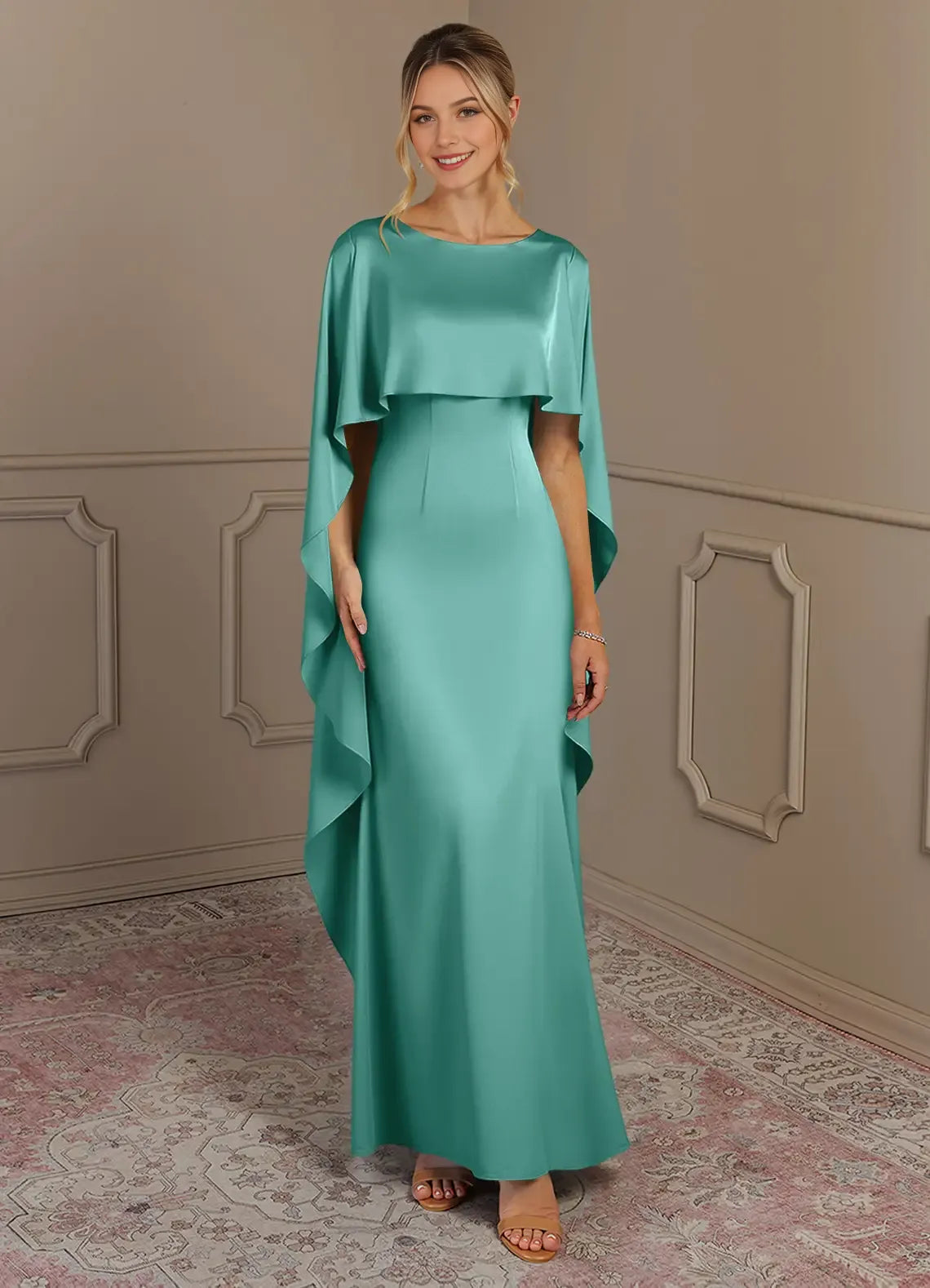 Elegant Sheath Boat Neck Cape-Sleeve Ruffles Back Zip Floor-Length Mother of the Bride Dress Hot Sale