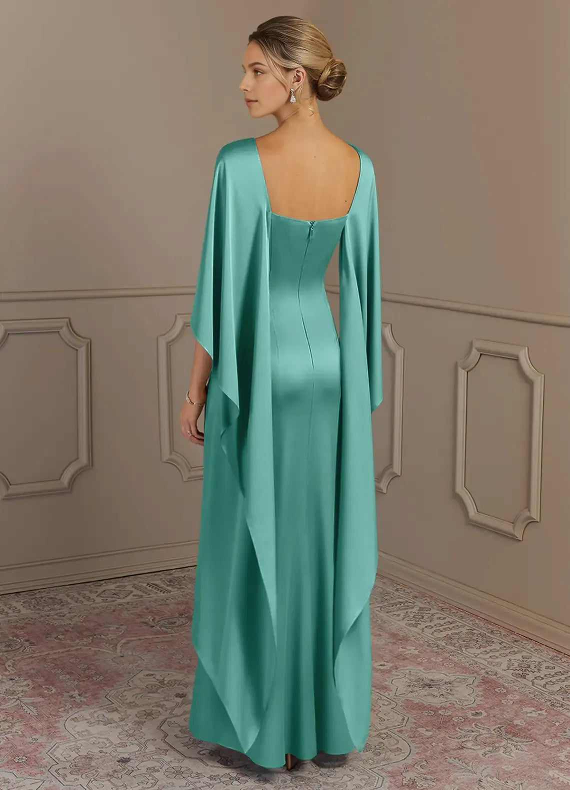 Elegant Sheath Boat Neck Cape-Sleeve Ruffles Back Zip Floor-Length Mother of the Bride Dress Hot Sale