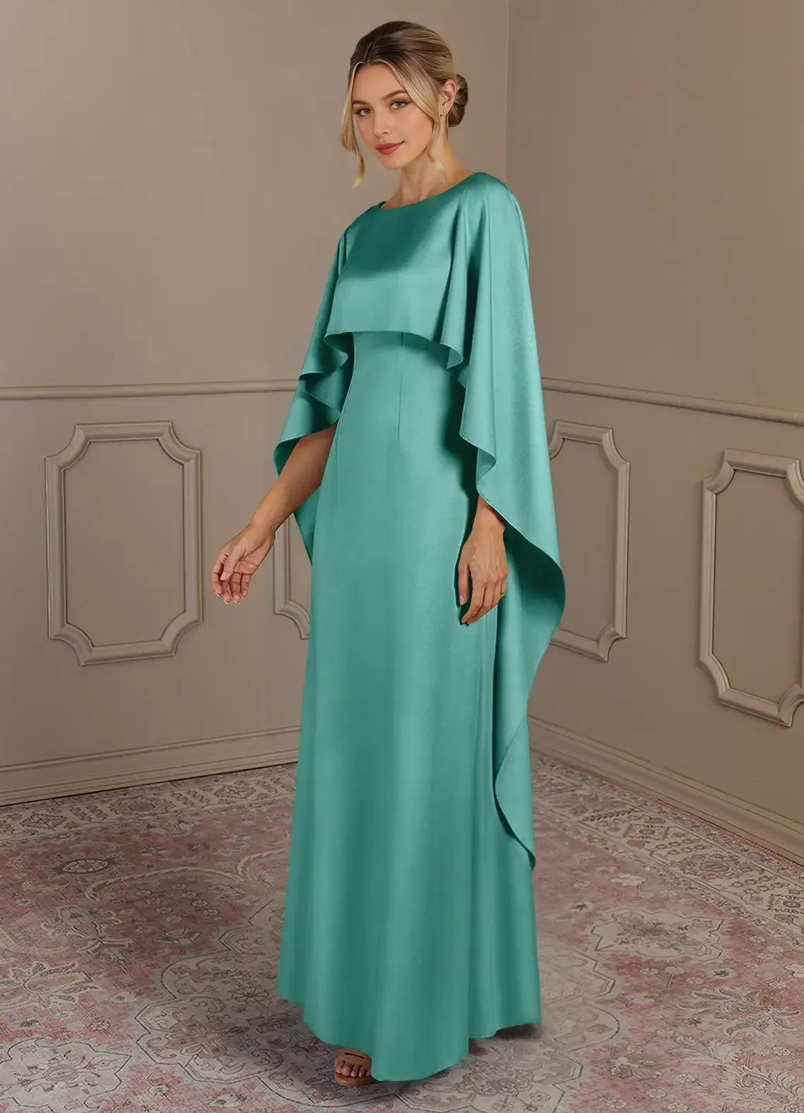 Elegant Sheath Boat Neck Cape-Sleeve Ruffles Back Zip Floor-Length Mother of the Bride Dress Hot Sale