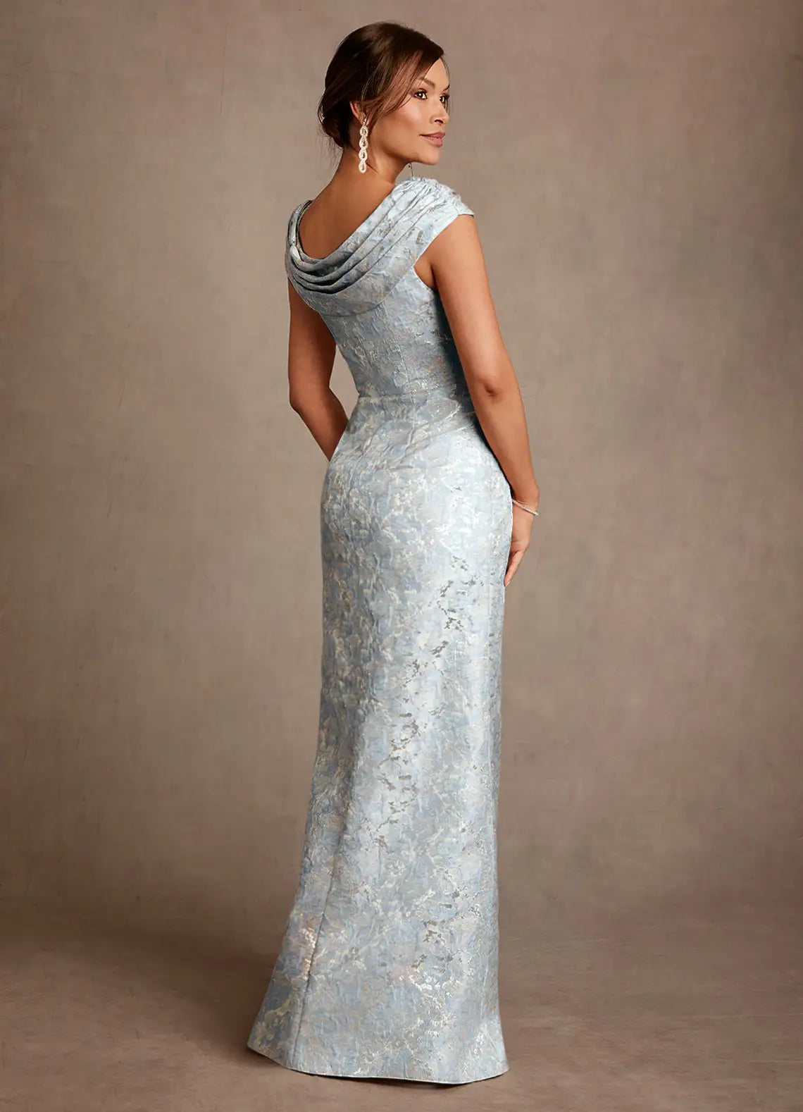 Elegant Sheath Cowl Neck Cap-Sleeve Open-Back Floor-Length Mother of the Bride Dresses