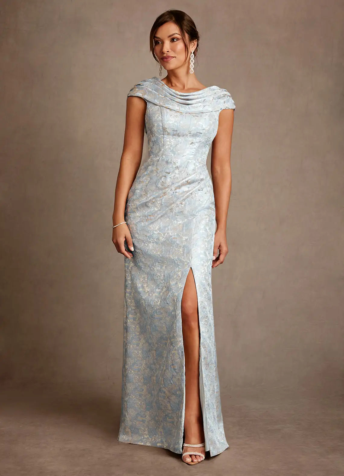 Elegant Sheath Cowl Neck Cap-Sleeve Open-Back Floor-Length Mother of the Bride Dresses