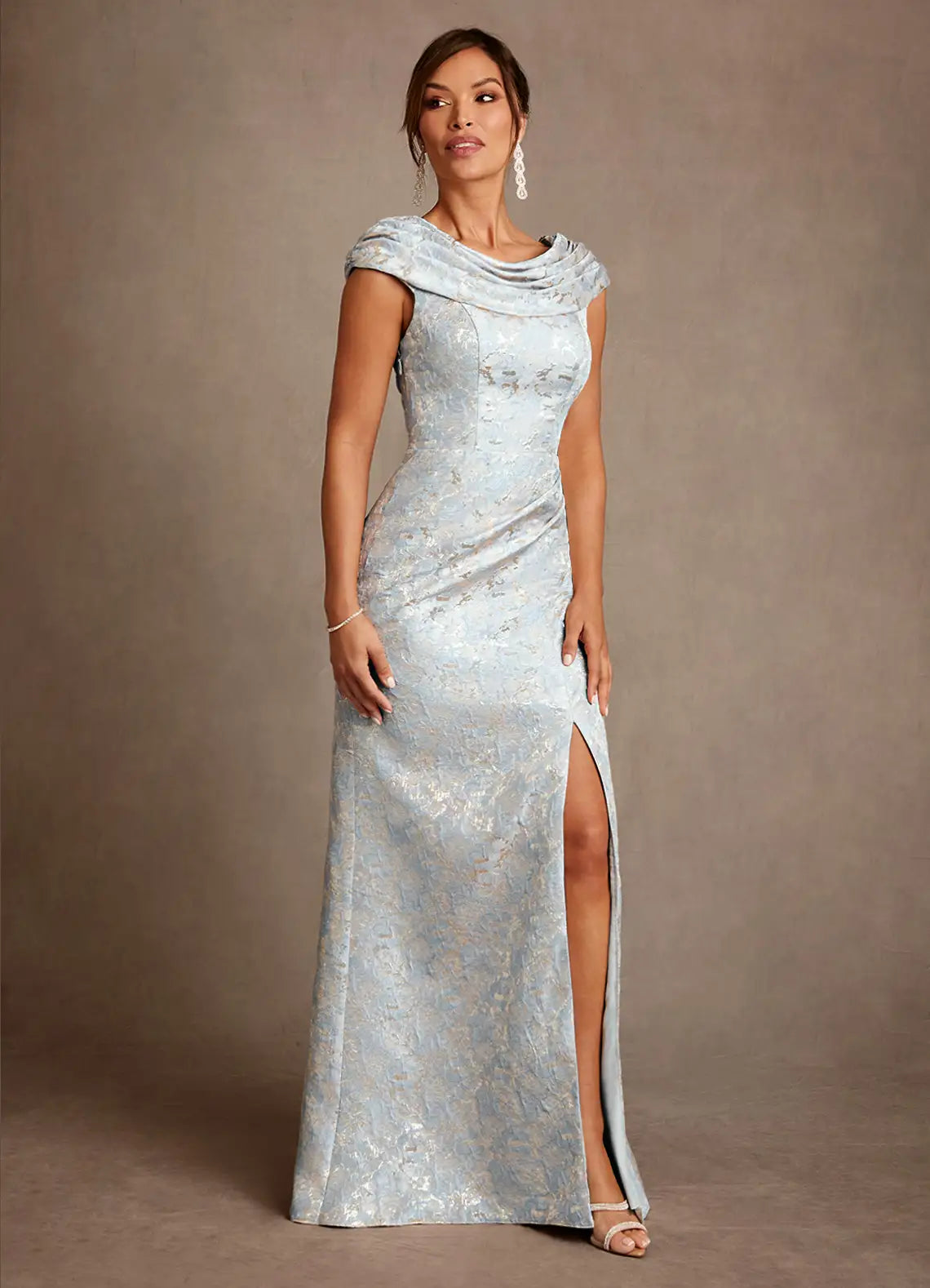 Elegant Sheath Cowl Neck Cap-Sleeve Open-Back Floor-Length Mother of the Bride Dresses
