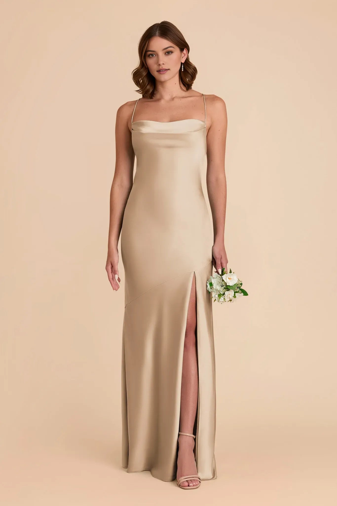 Elegant Sheath Cowl Neck Spaghetti-Strap Criss - Cross Floor-Length Side Leg Slit Prom Dresses