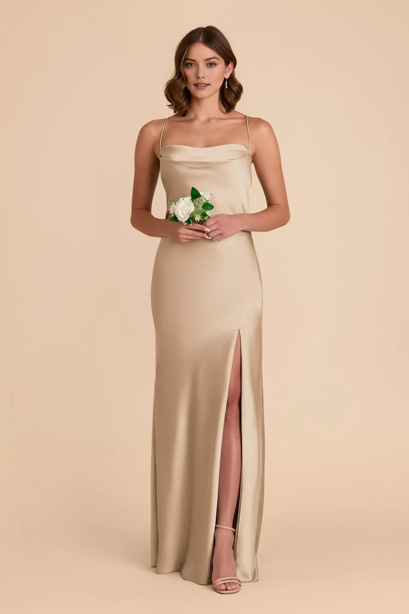 Elegant Sheath Cowl Neck Spaghetti-Strap Criss - Cross Floor-Length Side Leg Slit Prom Dresses