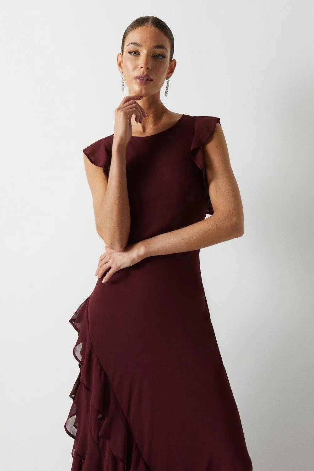 Elegant Sheath Crew-Neck Ruffle-Sleeve Keyhole-Back Floor-Length Formal Prom Dresses