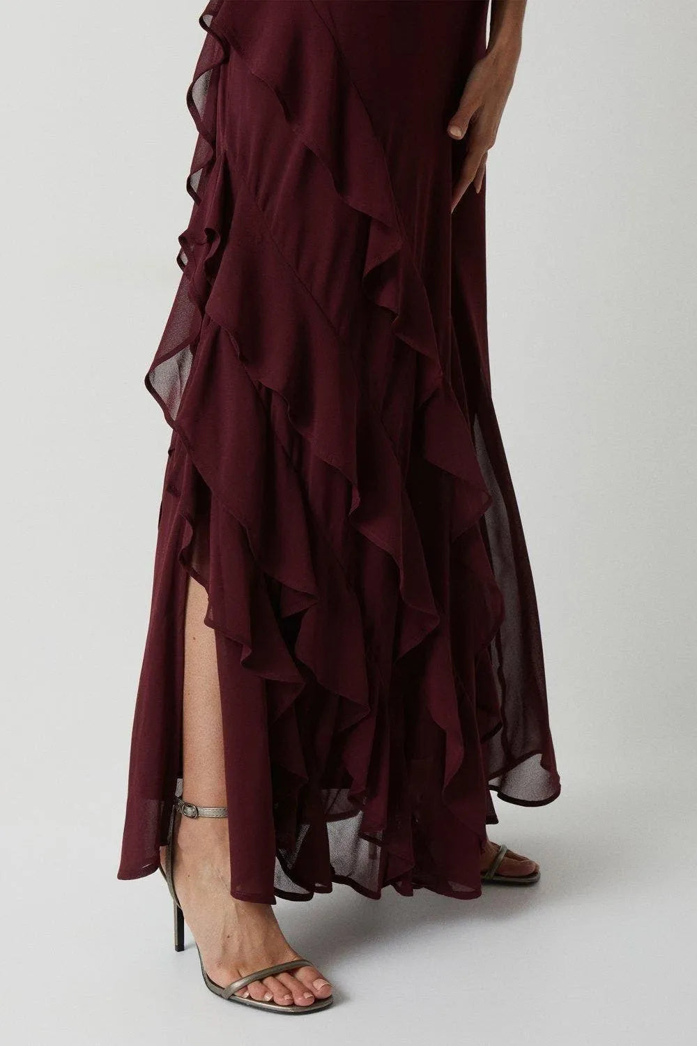 Elegant Sheath Crew-Neck Ruffle-Sleeve Keyhole-Back Floor-Length Formal Prom Dresses